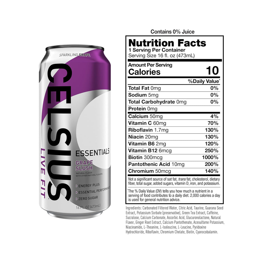 Celsius Essentials Sparkling Grape Slush can side view ideal for quick pre-workout energy