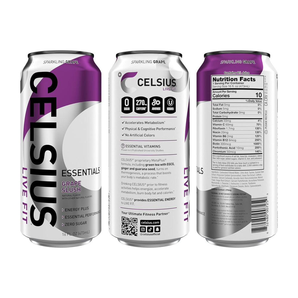 Celsius Essentials Sparkling Grape Slush can top view for grab-and-go moments