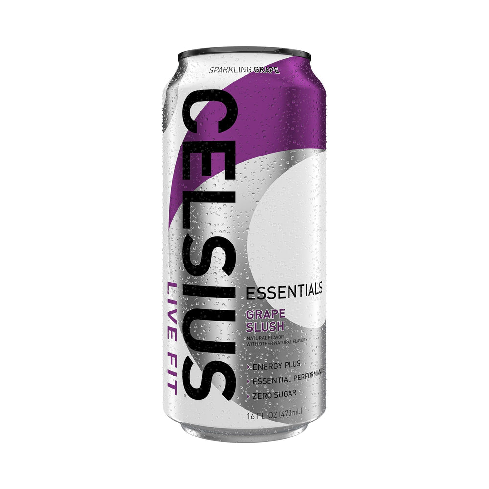 Celsius Essentials Sparkling Grape Slush poured into glass for refreshing energy