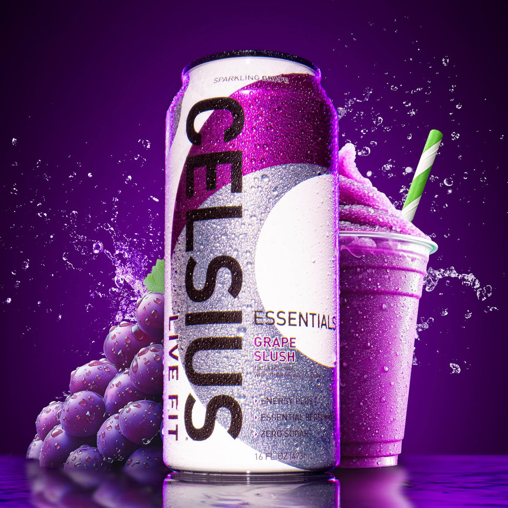 Celsius Essentials Sparkling Grape Slush label close-up shows premium ingredients