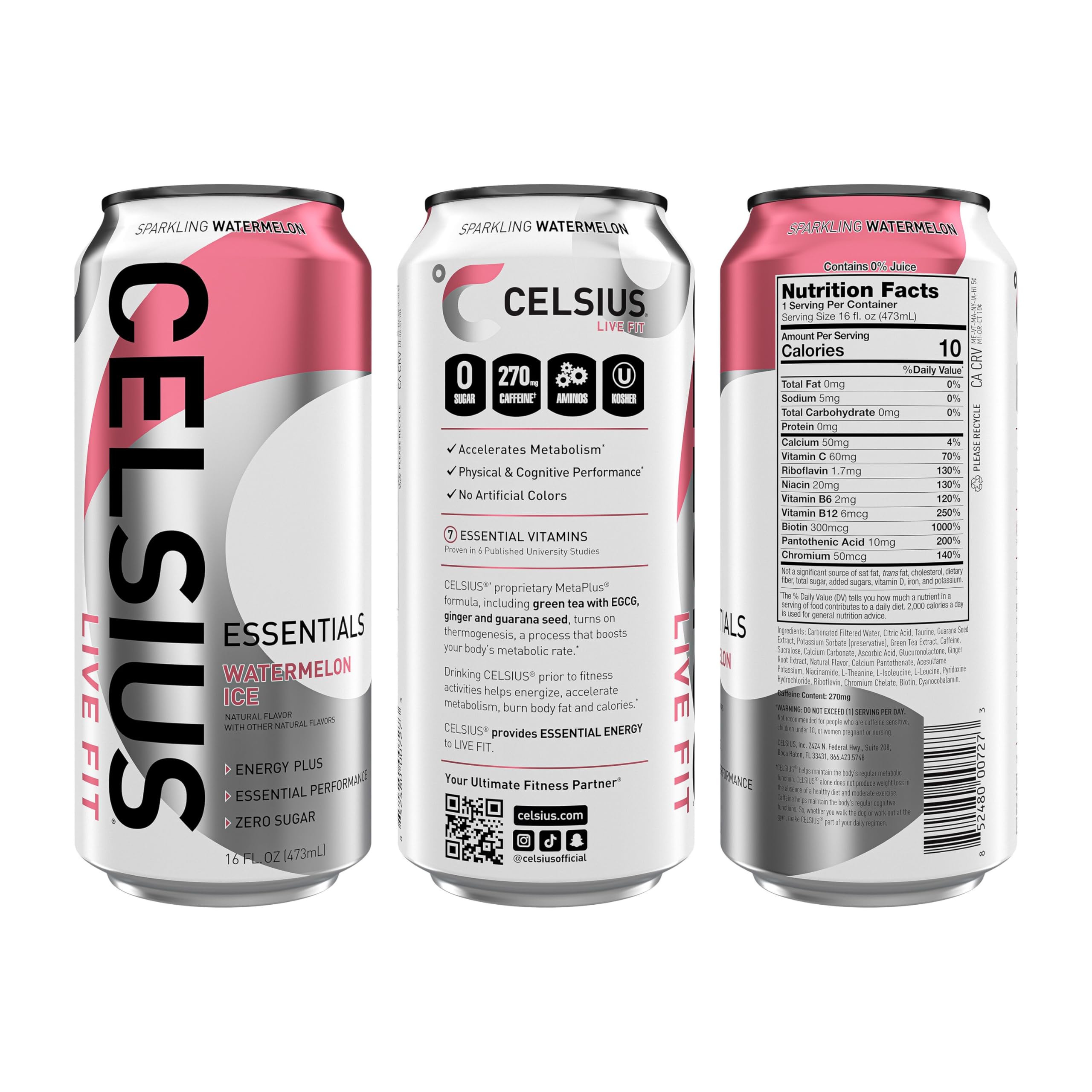 CELSIUS Essentials Sparkling Watermelon Ice label highlights three essential aminos and caffeine.