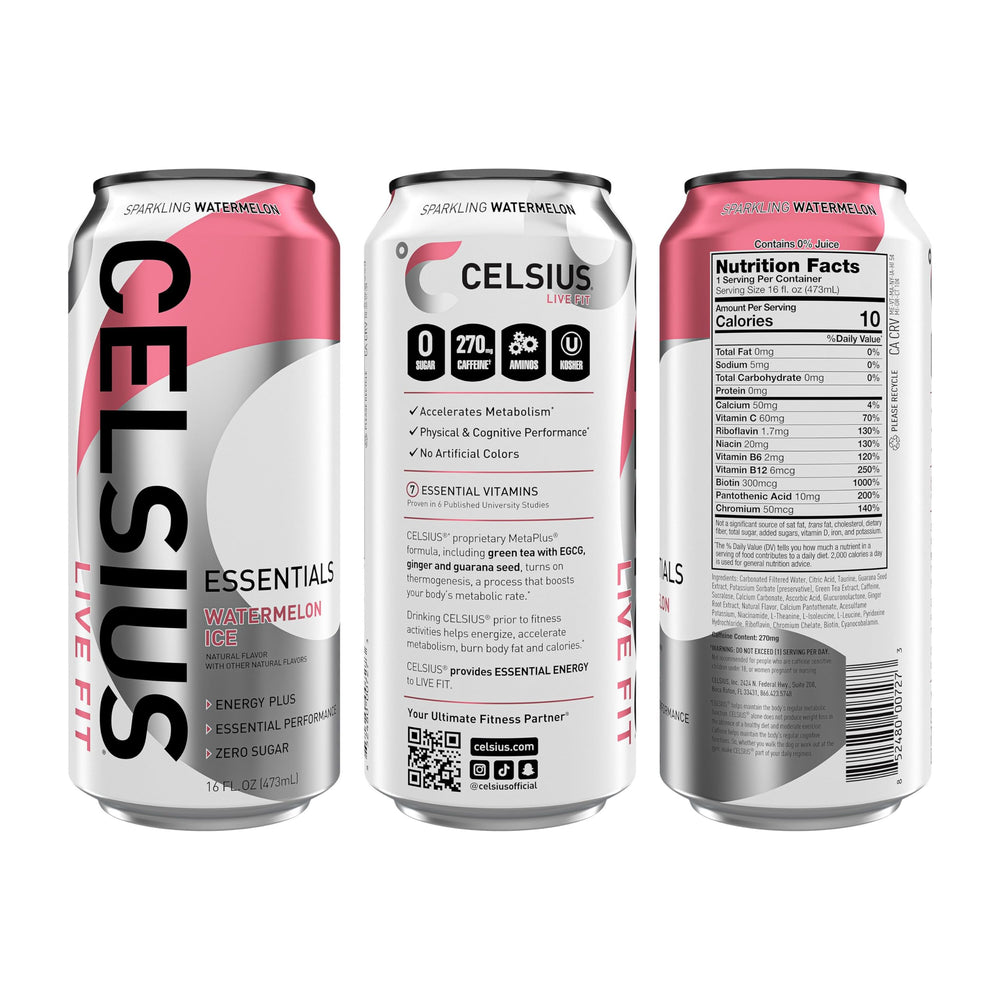 CELSIUS Essentials Sparkling Watermelon Ice label highlights three essential aminos and caffeine.