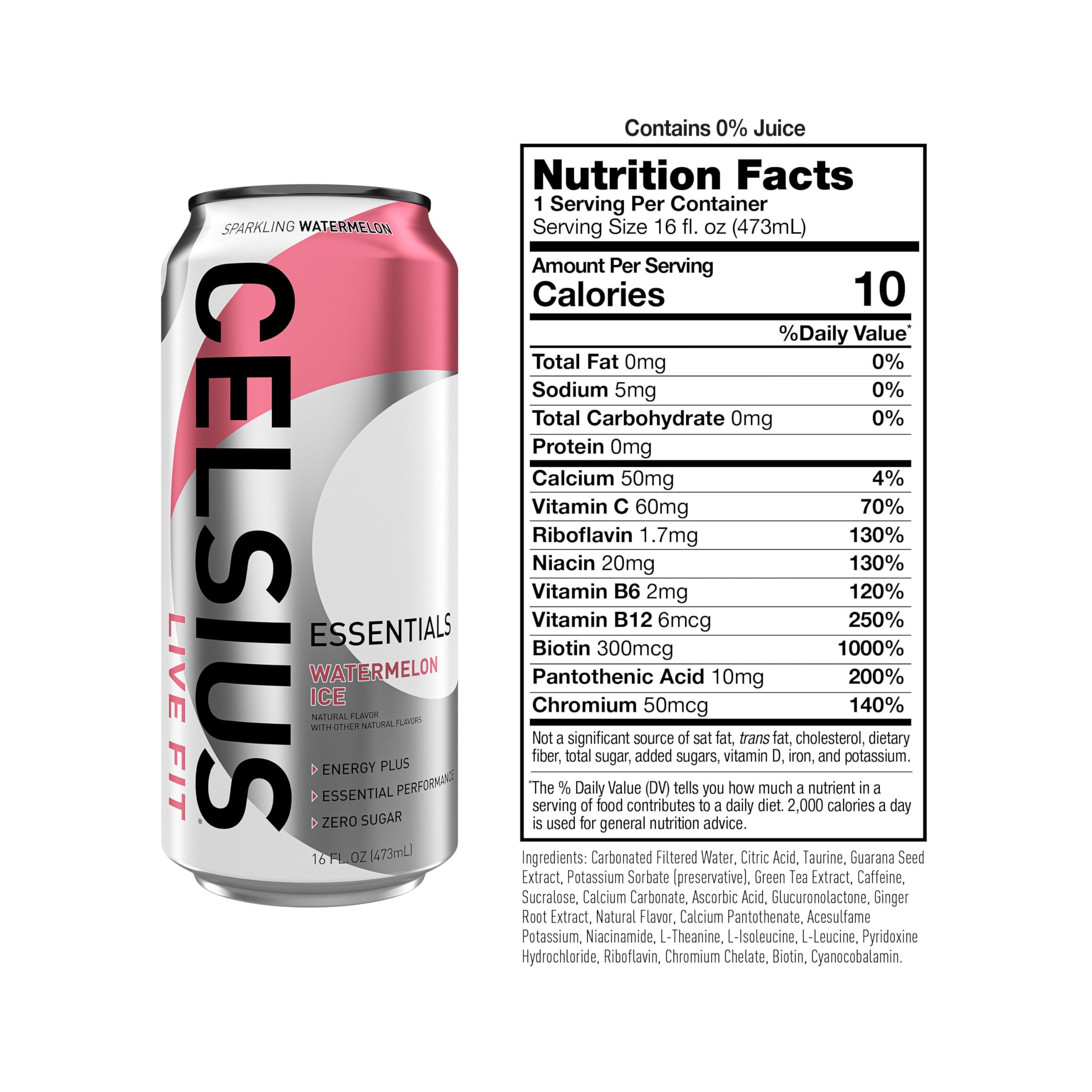CELSIUS Essentials Sparkling Watermelon Ice being poured into a glass for a refreshing pick-me-up.