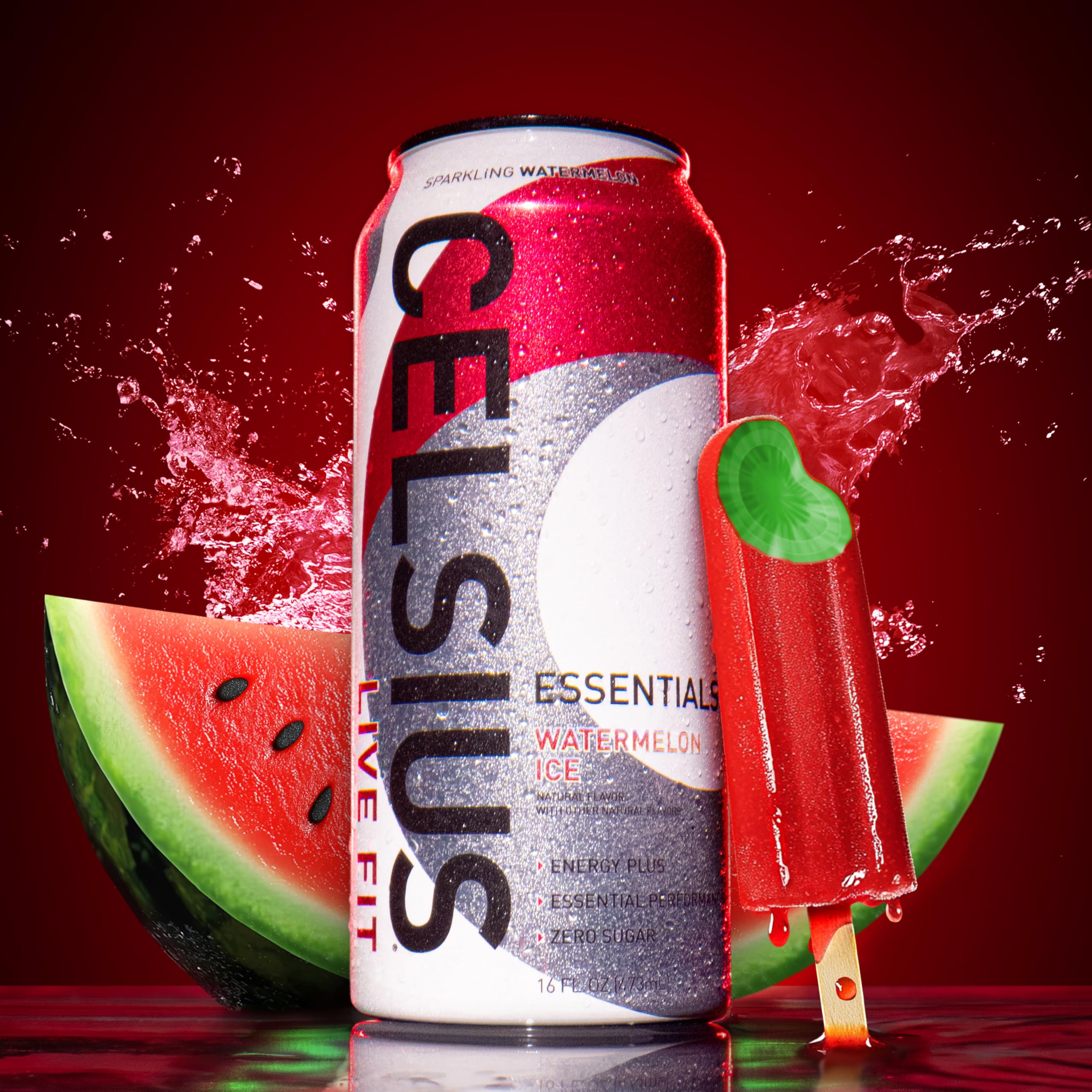 CELSIUS Essentials Sparkling Watermelon Ice glass beside snacks, showcasing sugar-free, flavorful energy.