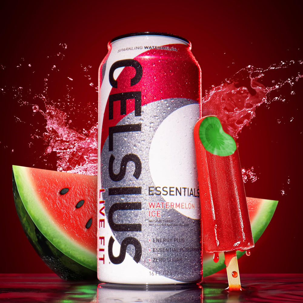 CELSIUS Essentials Sparkling Watermelon Ice glass beside snacks, showcasing sugar-free, flavorful energy.