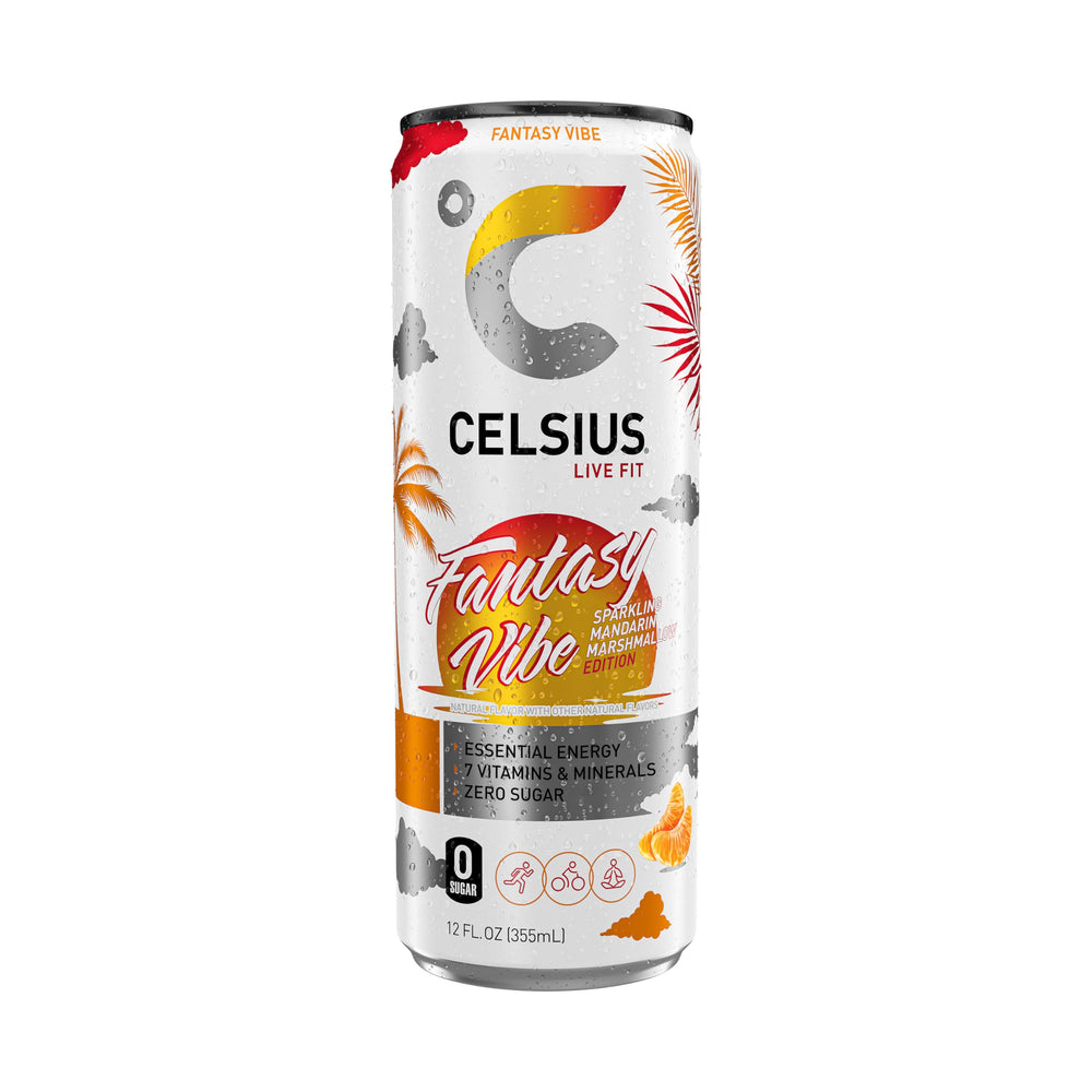 Celsius Fantasy Vibe close-up reveals vibrant label and premium ingredients for energy.
