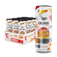 Celsius Fantasy Vibe mandarin label highlights refreshing energy for workouts.