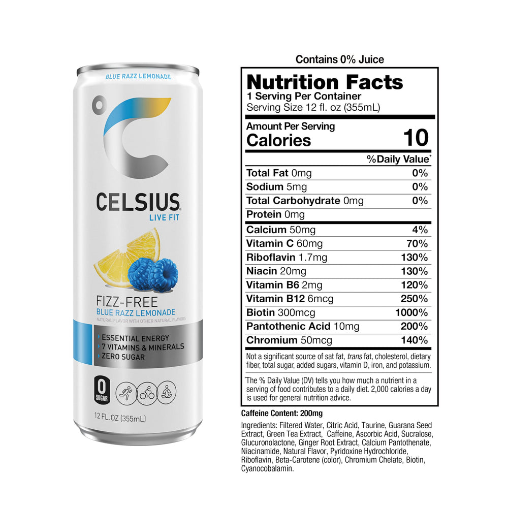 CELSIUS Fizz Free Blue Razz Lemonade can side profile highlighting zero sugar