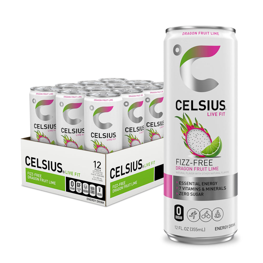 Celsius Fizz Free Dragon Fruit Lime bottle front showcases energizing, sugar-free refreshment.