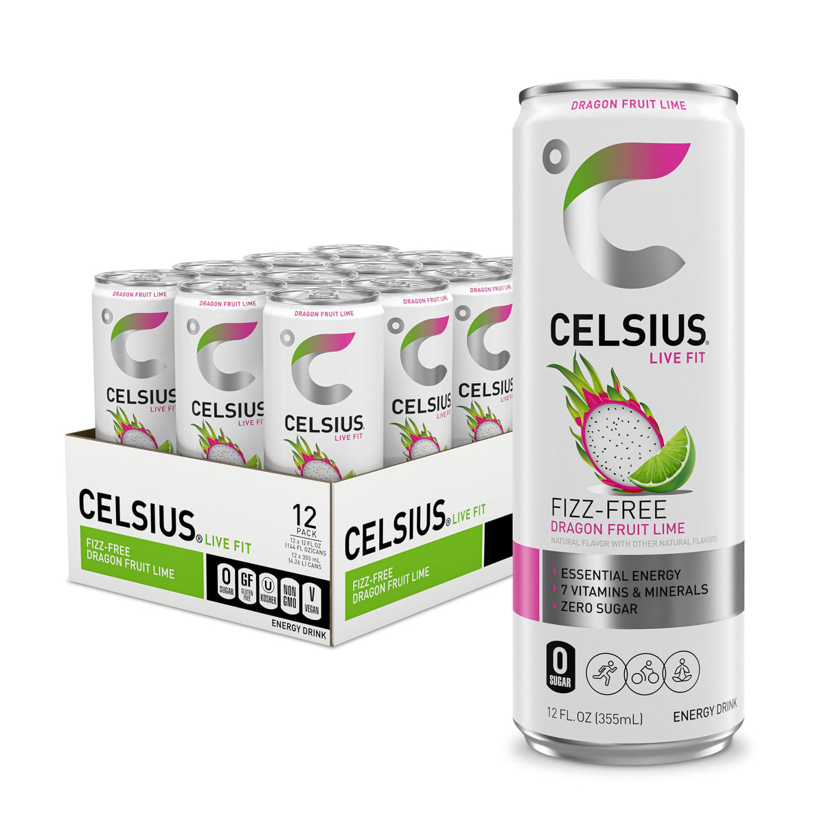 Celsius Fizz Free Dragon Fruit Lime bottle front showcases energizing, sugar-free refreshment.