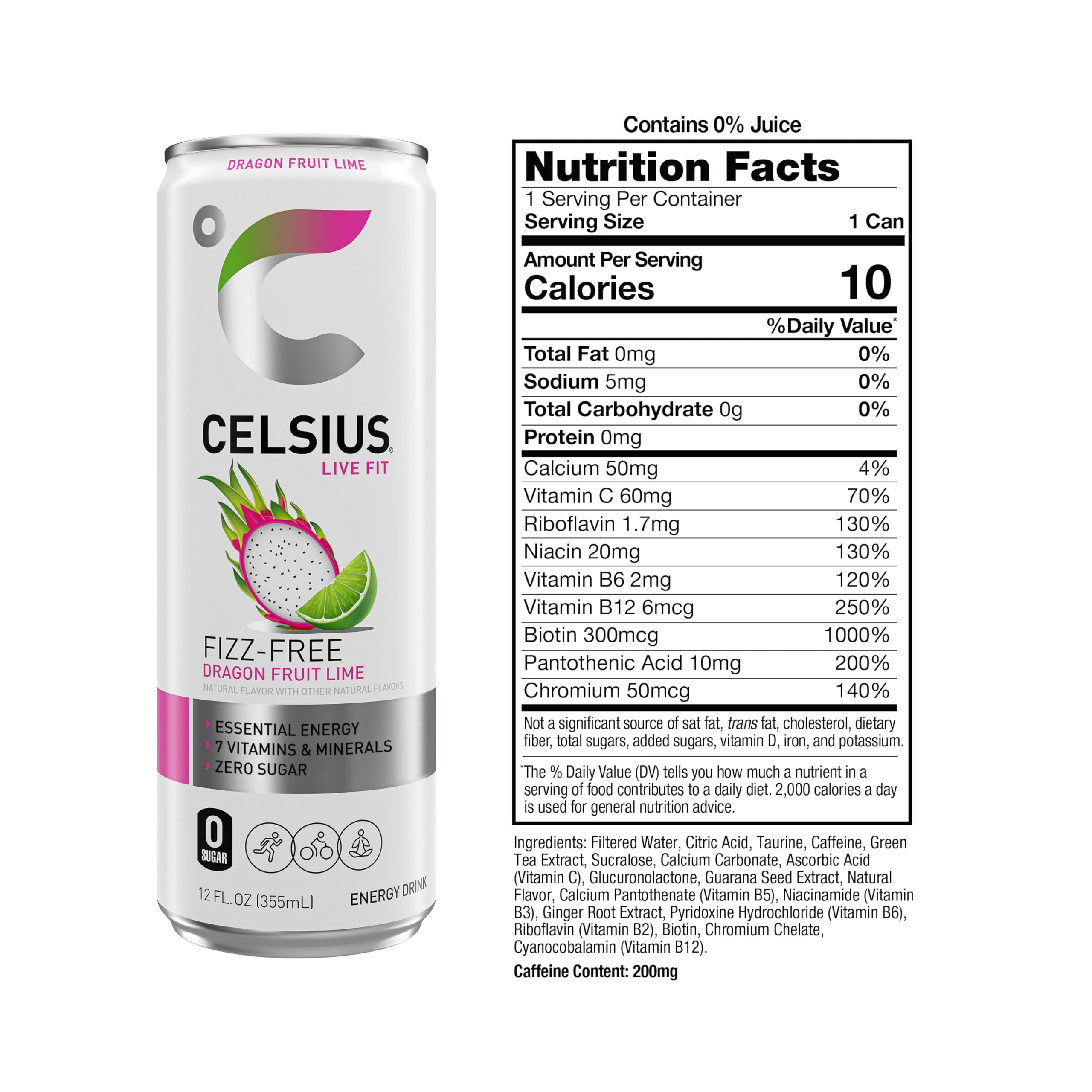 Celsius Fizz Free Dragon Fruit Lime bottle pour reveals vibrant taste for active days.
