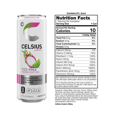 Celsius Fizz Free Dragon Fruit Lime bottle pour reveals vibrant taste for active days.