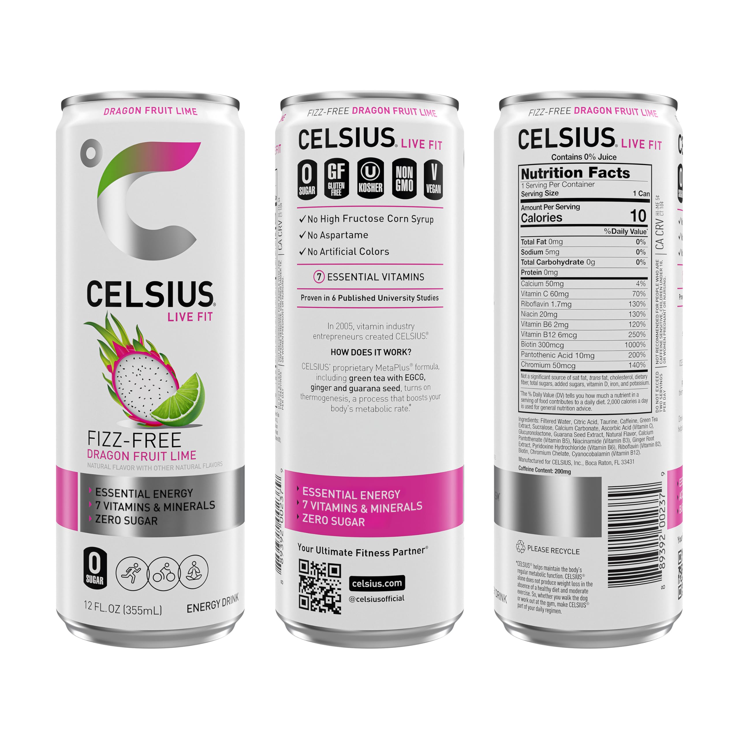 Celsius Fizz Free Dragon Fruit Lime label close-up emphasizes premium ingredients.