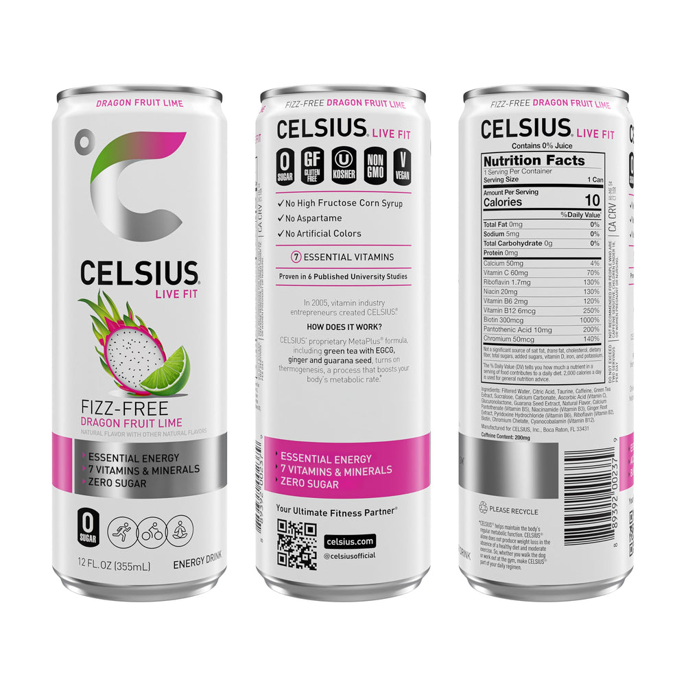 Celsius Fizz Free Dragon Fruit Lime label close-up emphasizes premium ingredients.