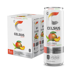 CELSIUS Fizz Free Peach Mango Green Tea can on display, offering energy for workouts.
