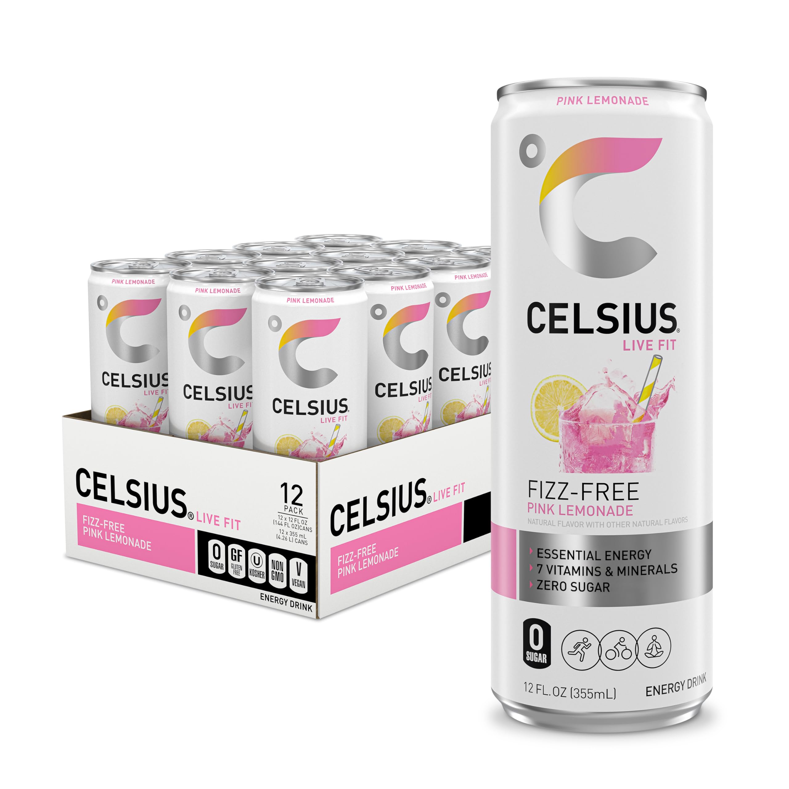 CELSIUS Fizz Free Pink Lemonade bottle pour reveals refreshing energy boost.