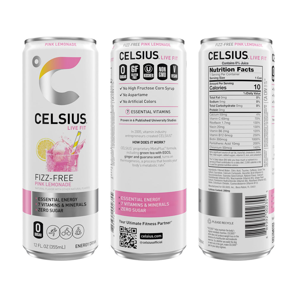 CELSIUS Fizz Free Pink Lemonade can closeup highlights sugar-free formula.