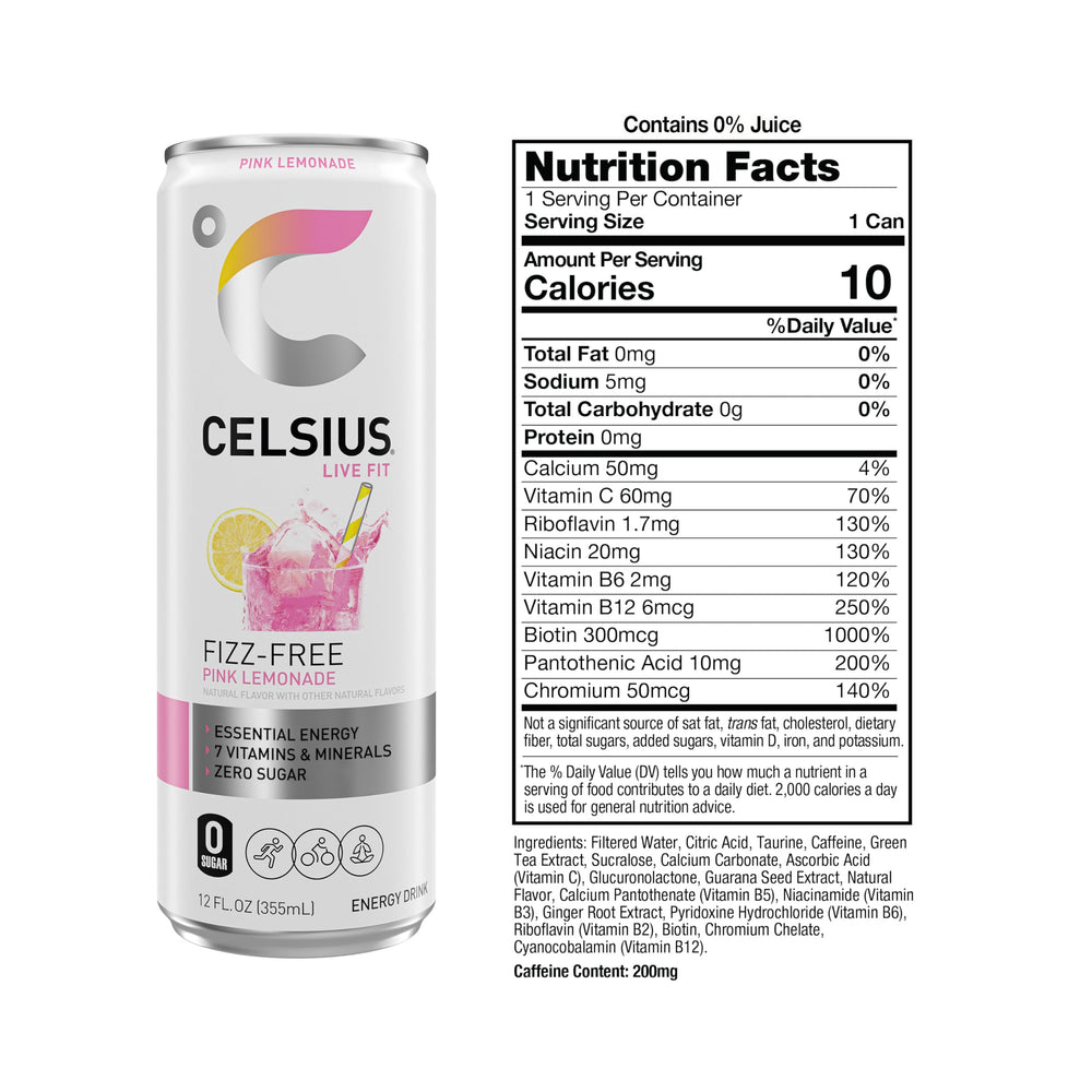 CELSIUS Fizz Free Pink Lemonade label design emphasizes clean nutrition.