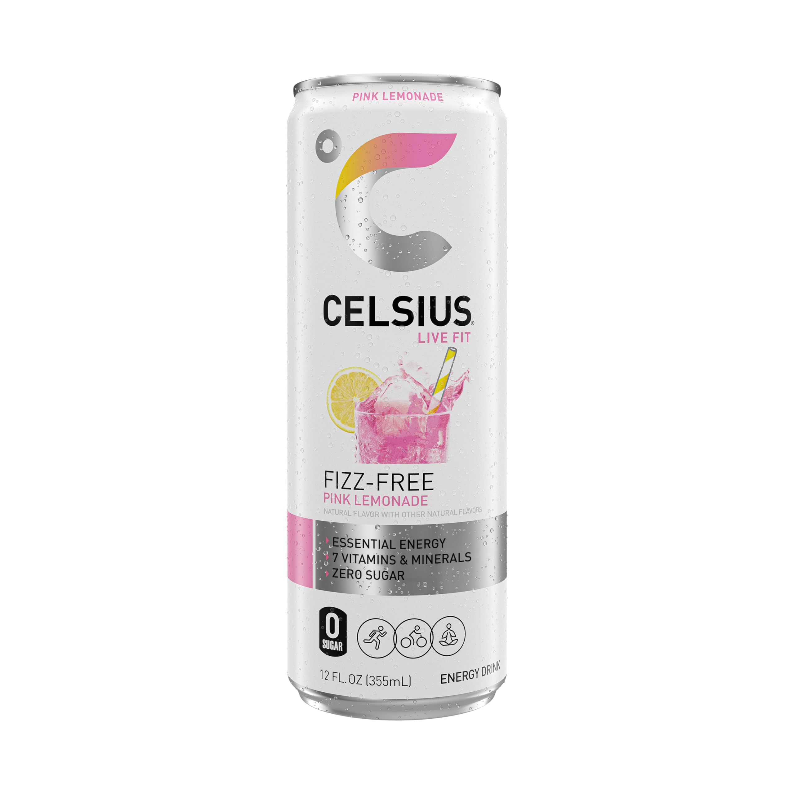 CELSIUS Fizz Free Pink Lemonade 12-pack front illustrates convenient daily energy.