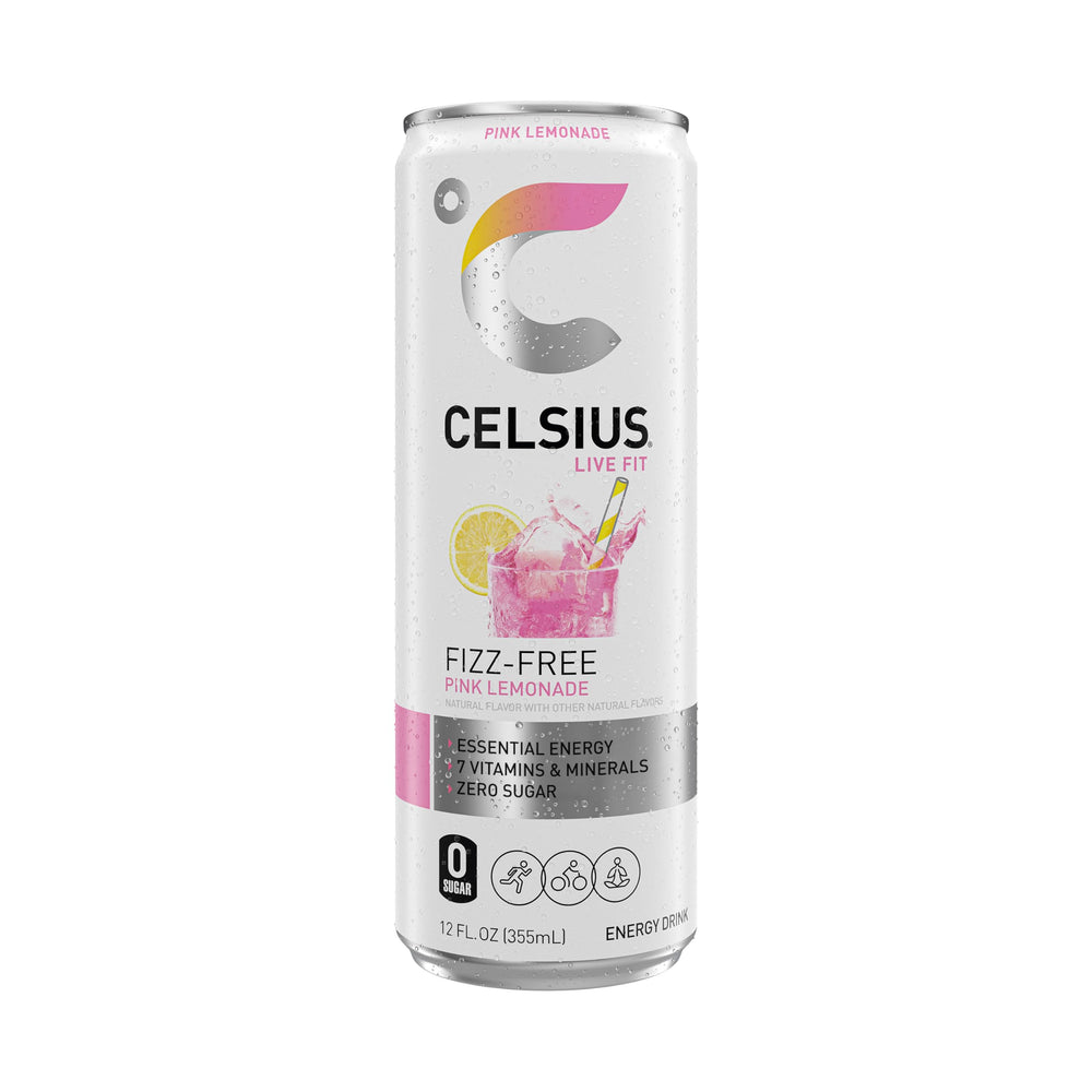 CELSIUS Fizz Free Pink Lemonade 12-pack front illustrates convenient daily energy.