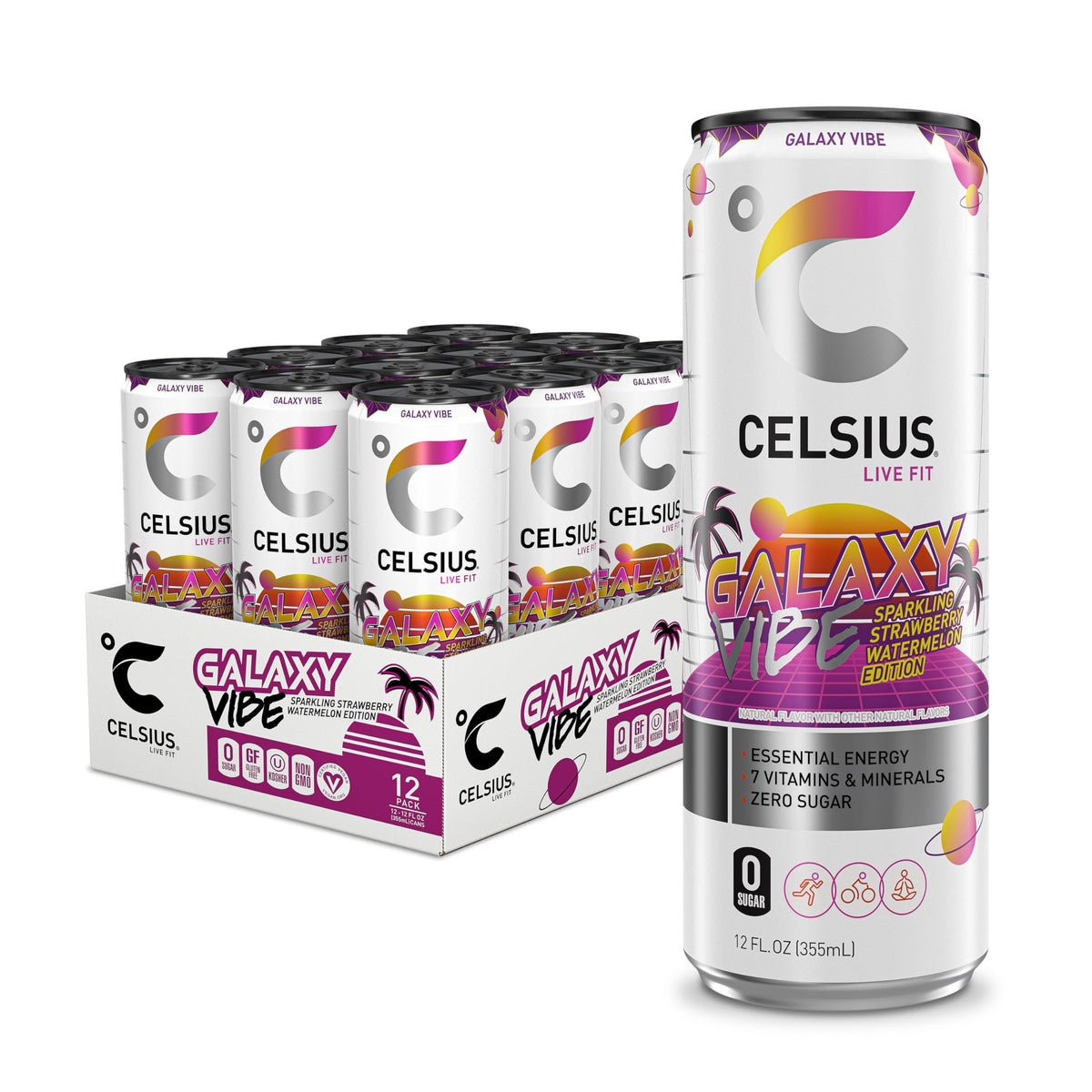 Celsius Galaxy Vibe can front shows bold flavor and on-the-go energy.