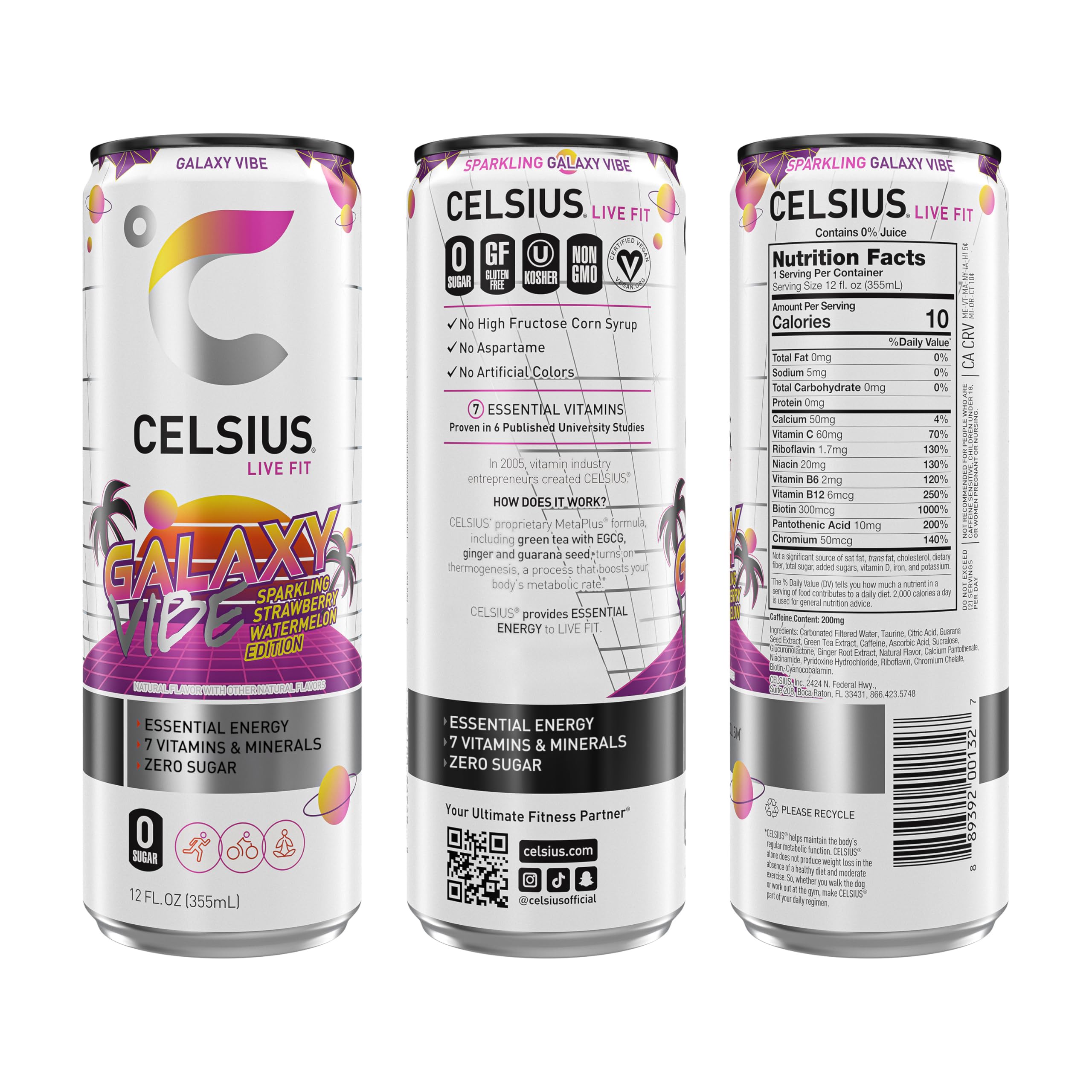 Celsius Galaxy Vibe can pour into glass for a refreshing boost.