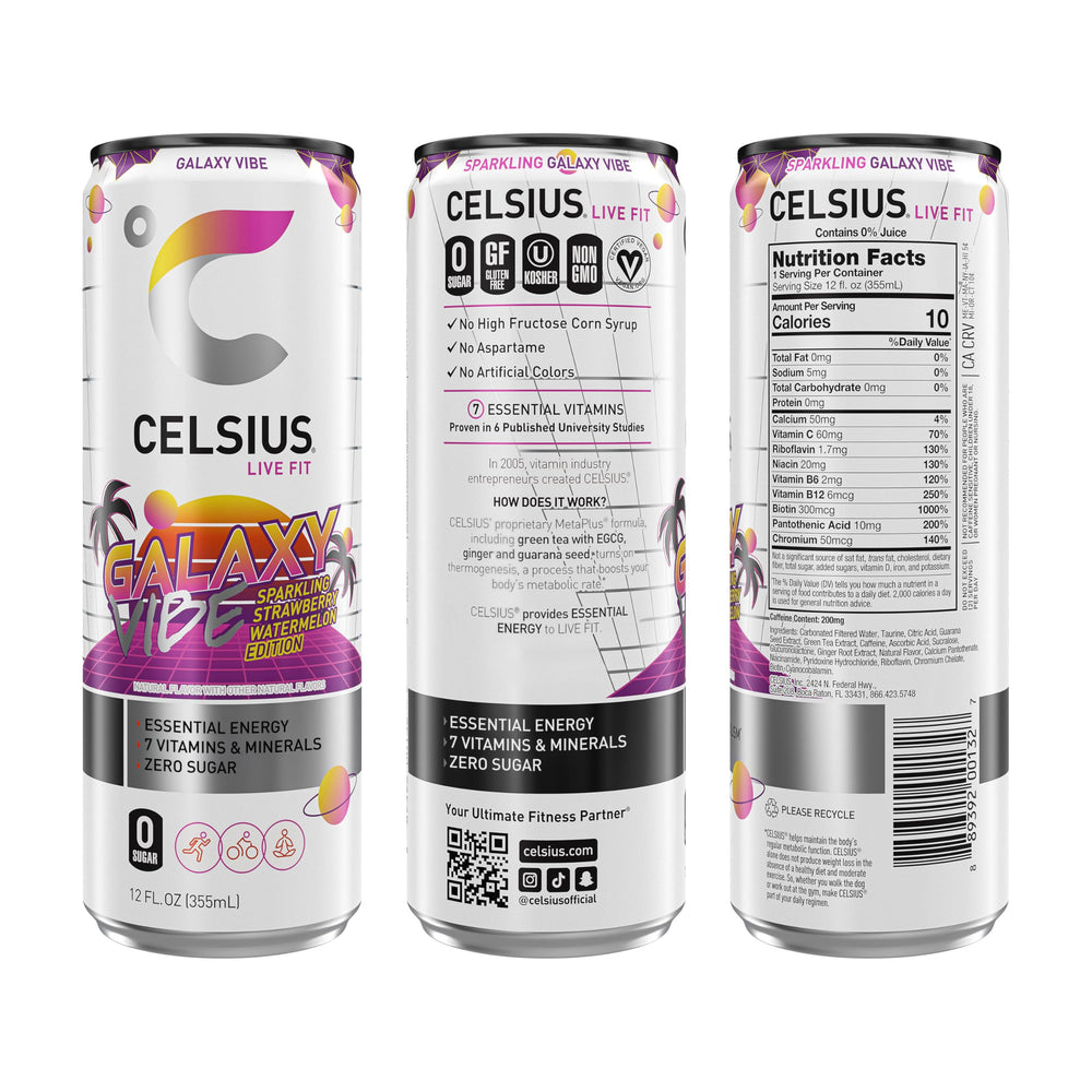 Celsius Galaxy Vibe can pour into glass for a refreshing boost.