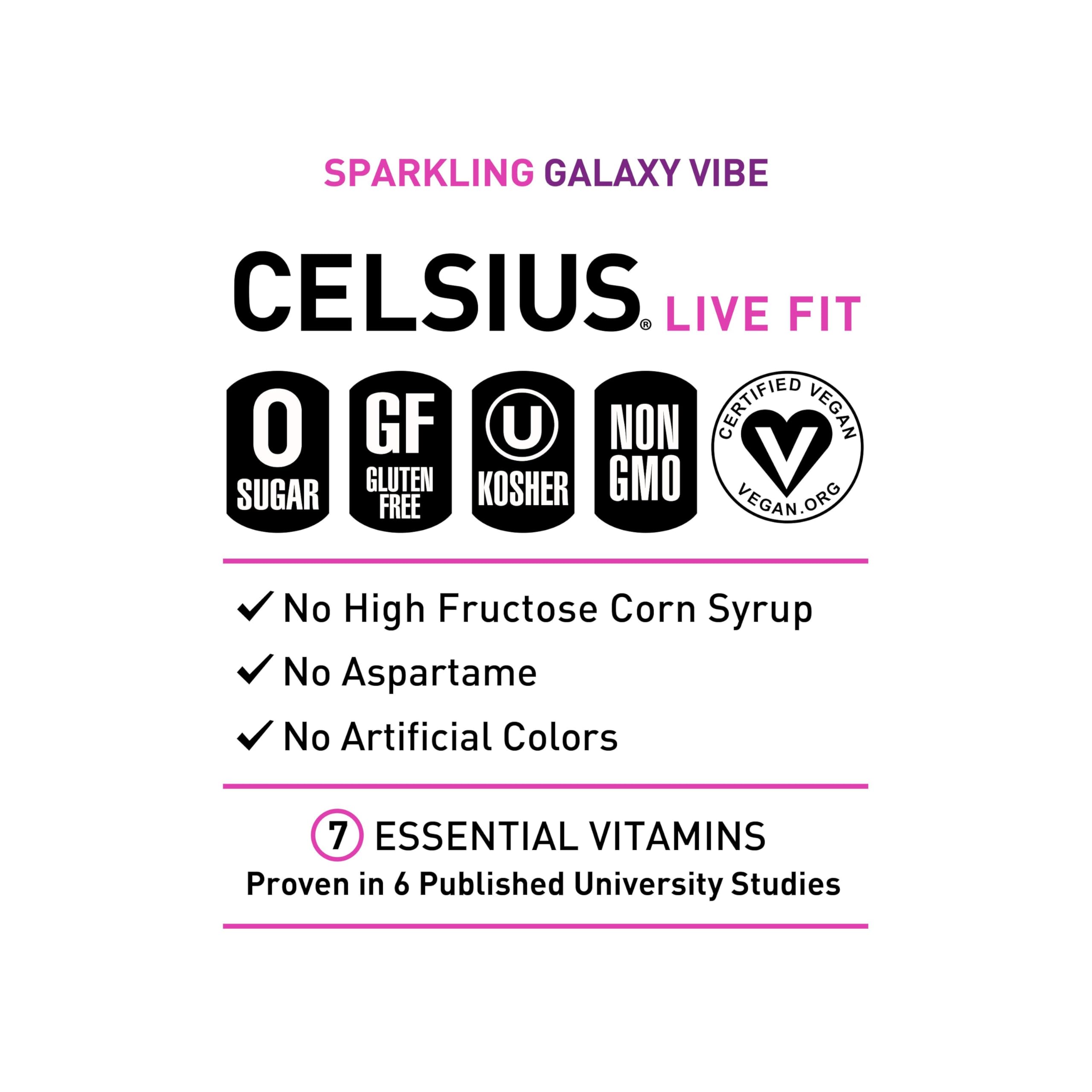Celsius Galaxy Vibe carbonation and color burst signal a vibrant pick-me-up during workouts.