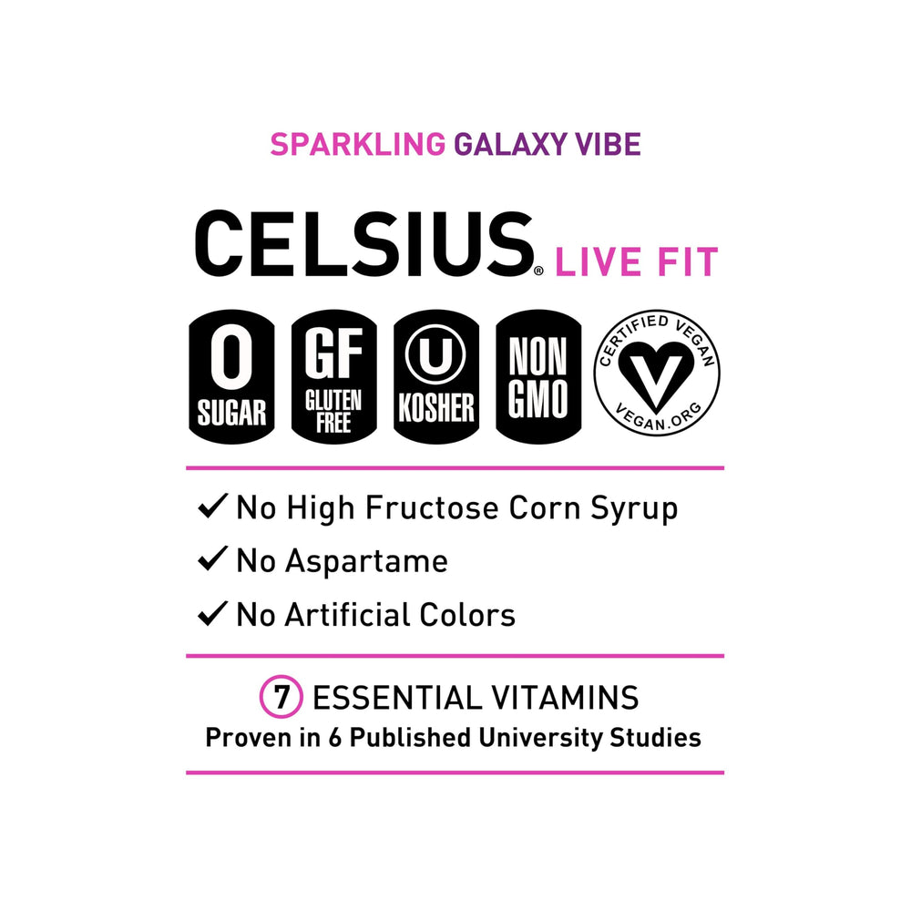 Celsius Galaxy Vibe carbonation and color burst signal a vibrant pick-me-up during workouts.
