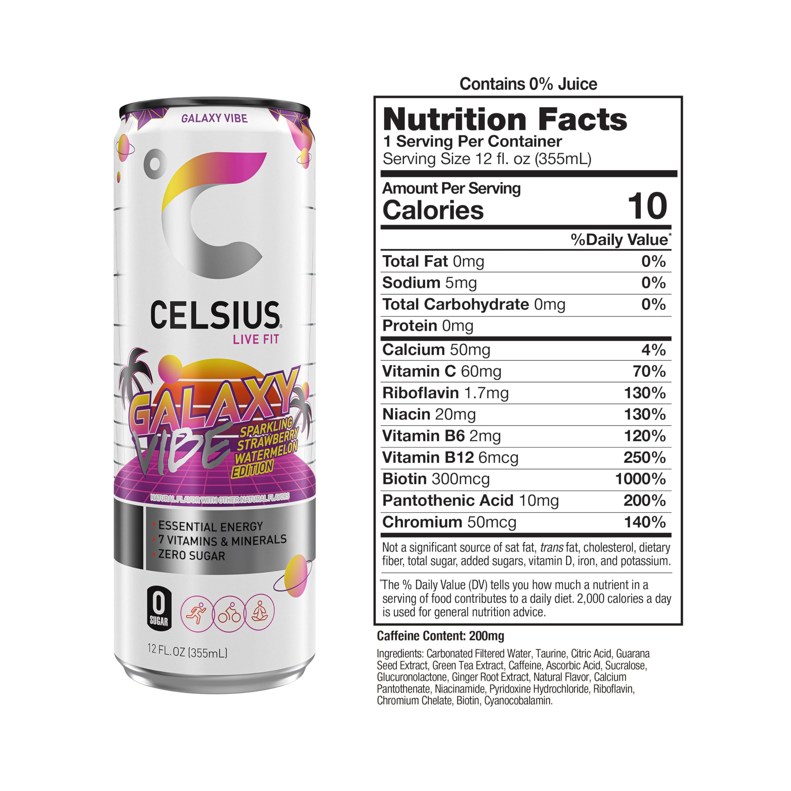 Celsius Galaxy Vibe label graphic highlights sugar-free, vegan energy choice.