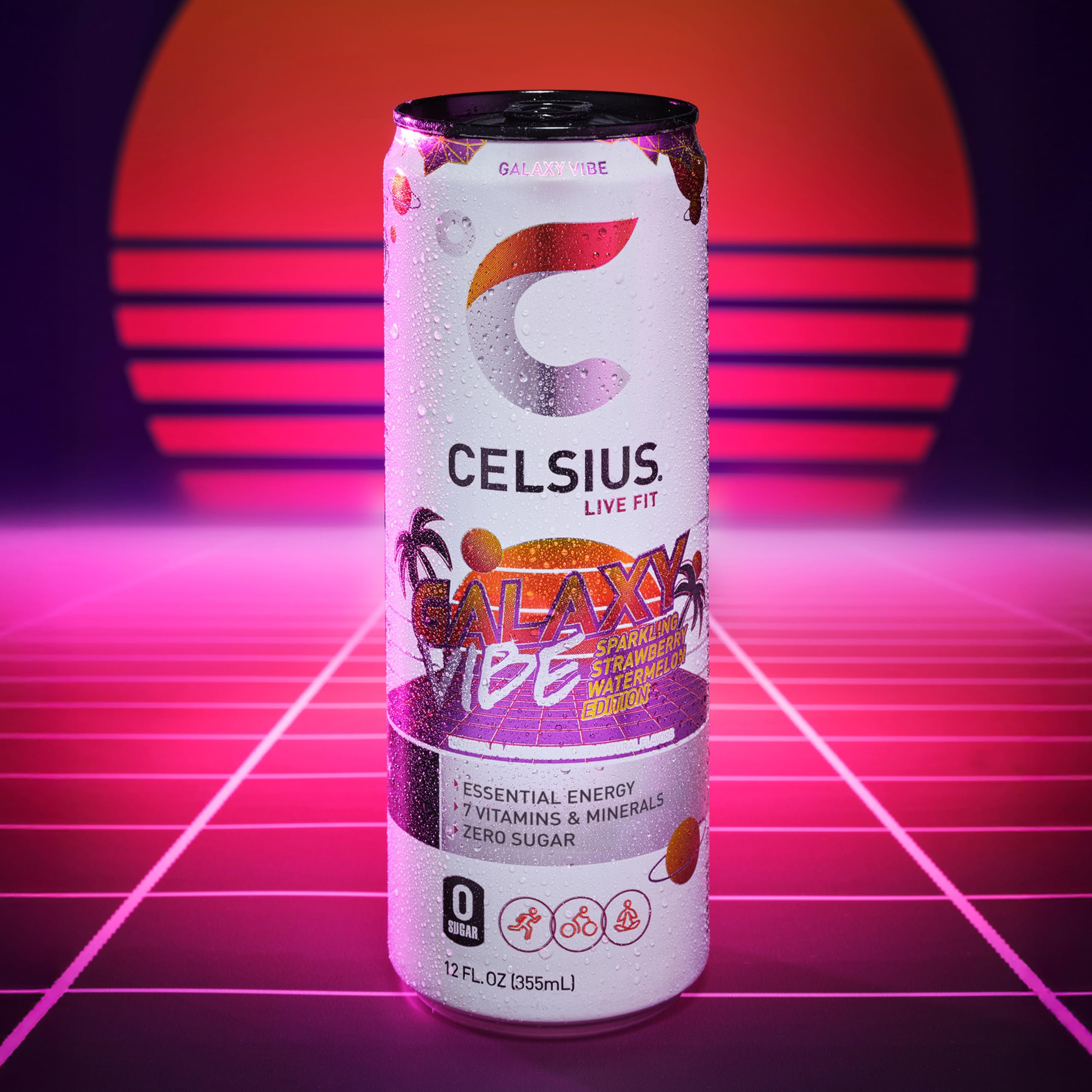Celsius Galaxy Vibe 12-pack display ideal for home or gym.