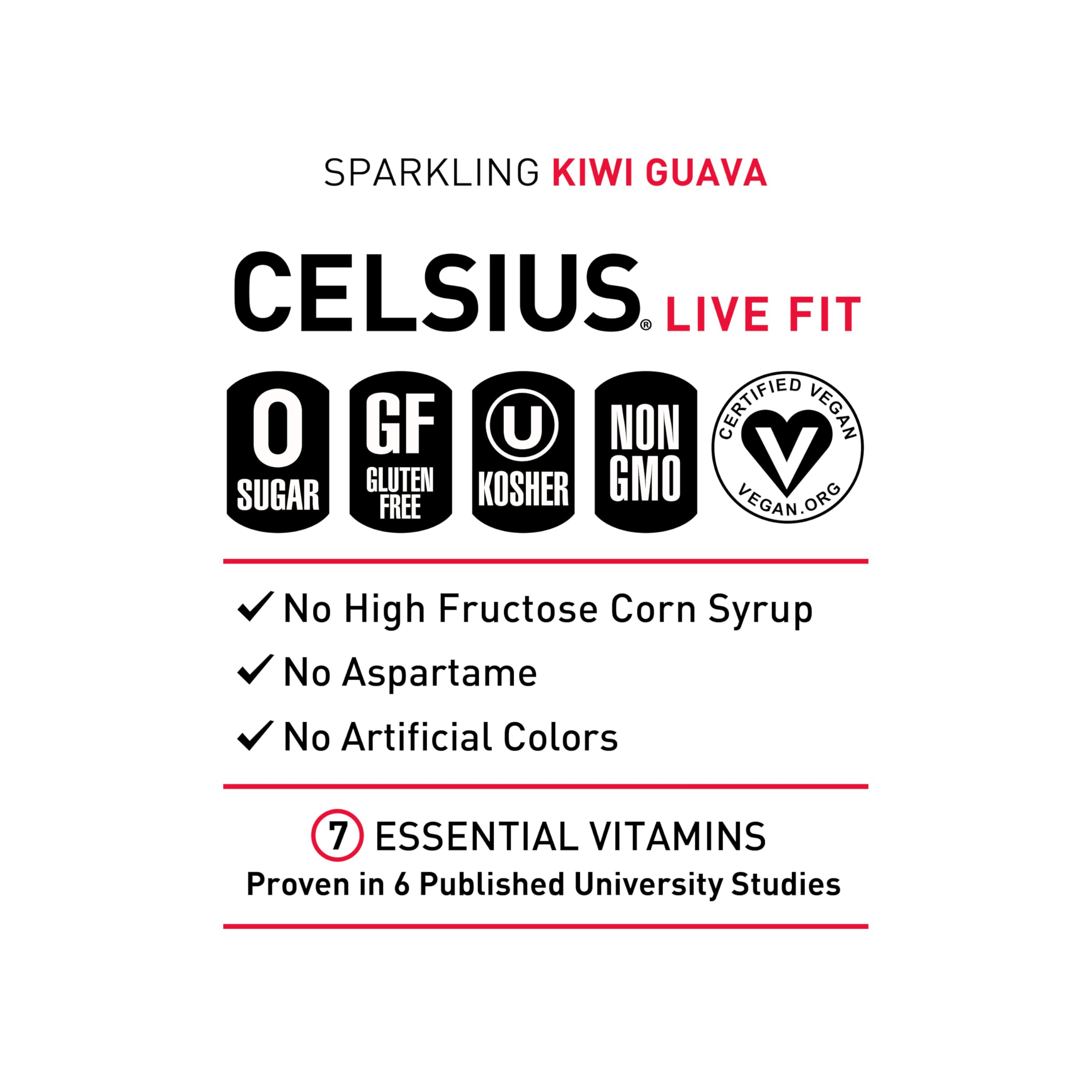 CELSIUS Kiwi Guava bottle label emphasizing zero sugar and premium ingredients.