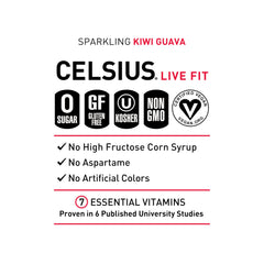 CELSIUS Kiwi Guava bottle label emphasizing zero sugar and premium ingredients.