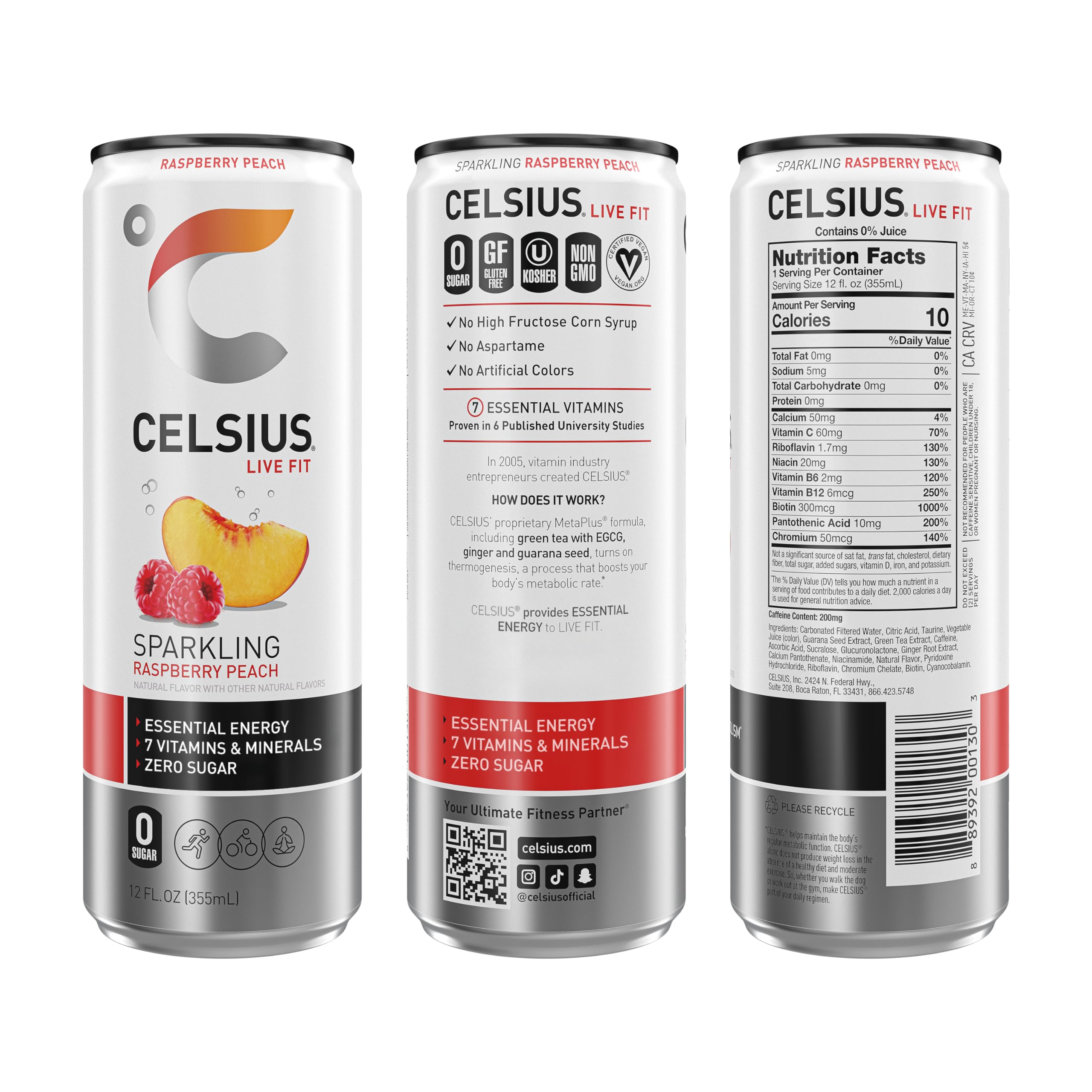 Close-up: CELSIUS ingredients label highlighting green tea and guarana
