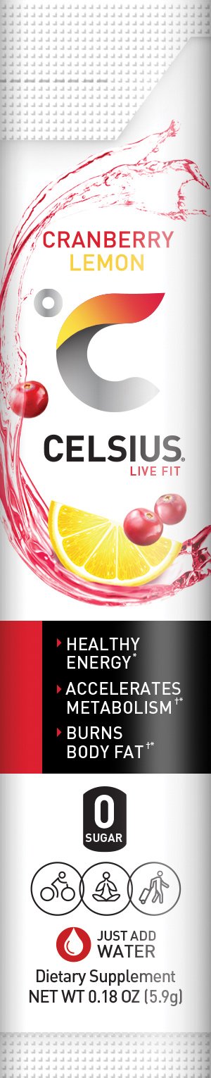 CELSIUS ingredients list and nutrition panel emphasizing green tea extract.