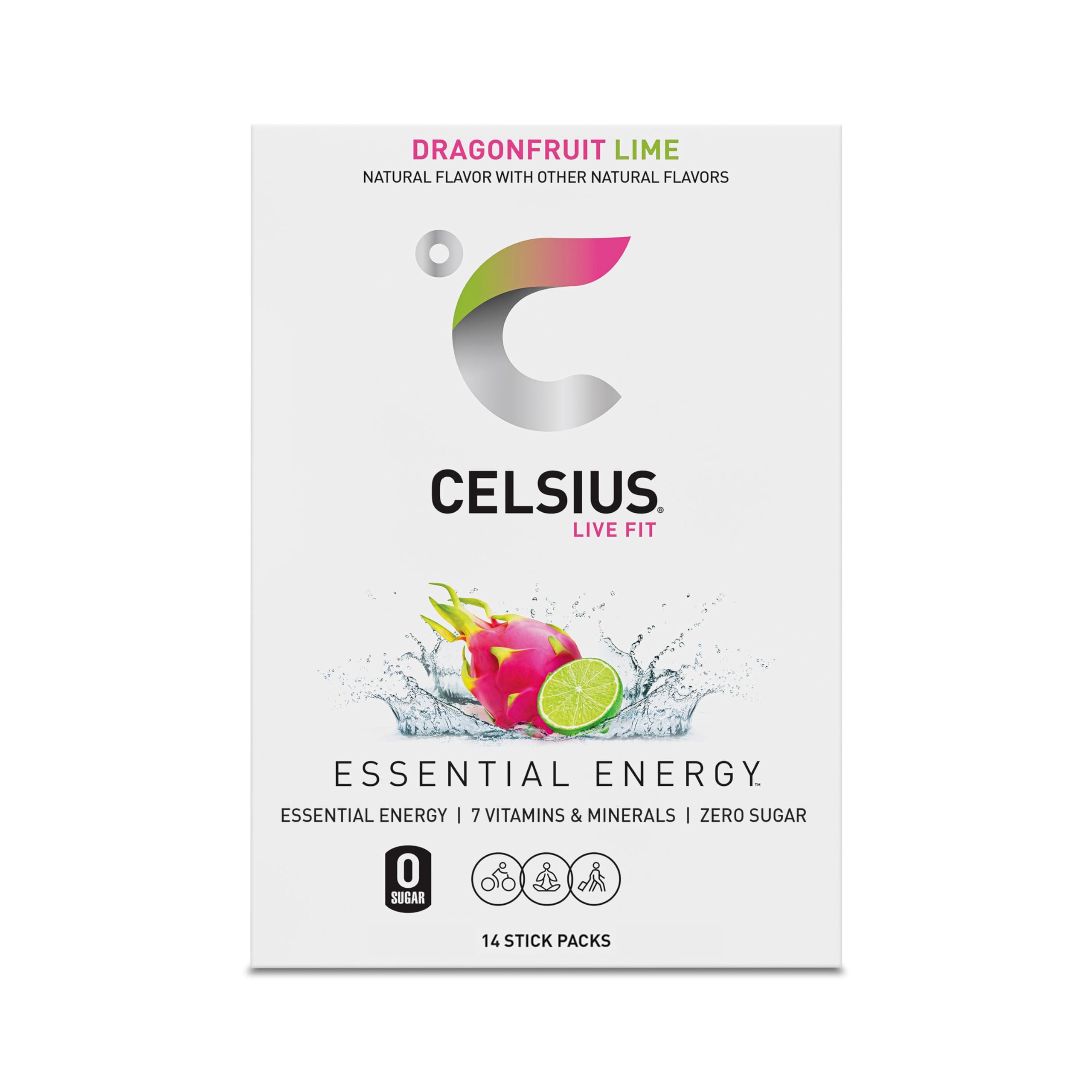 Label showing MetaPlus blend and vitamins on CELSIUS powder sticks