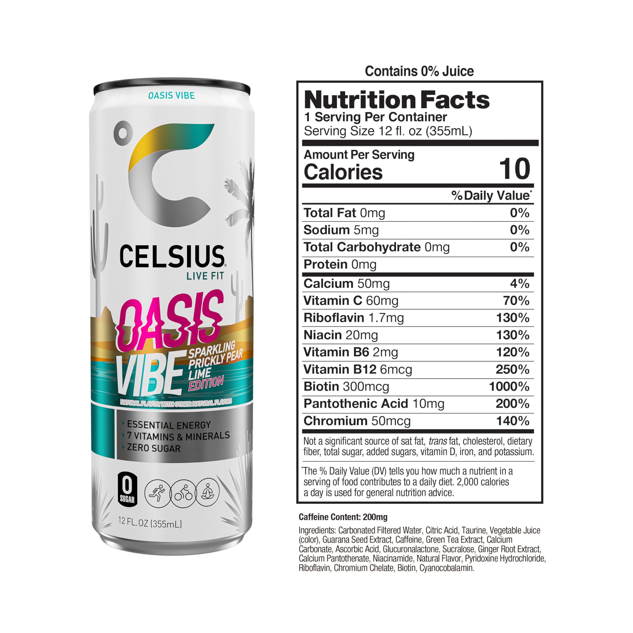Close-up of CELSIUS Oasis Vibe bottle showing vibrant prickly pear lime flavor.