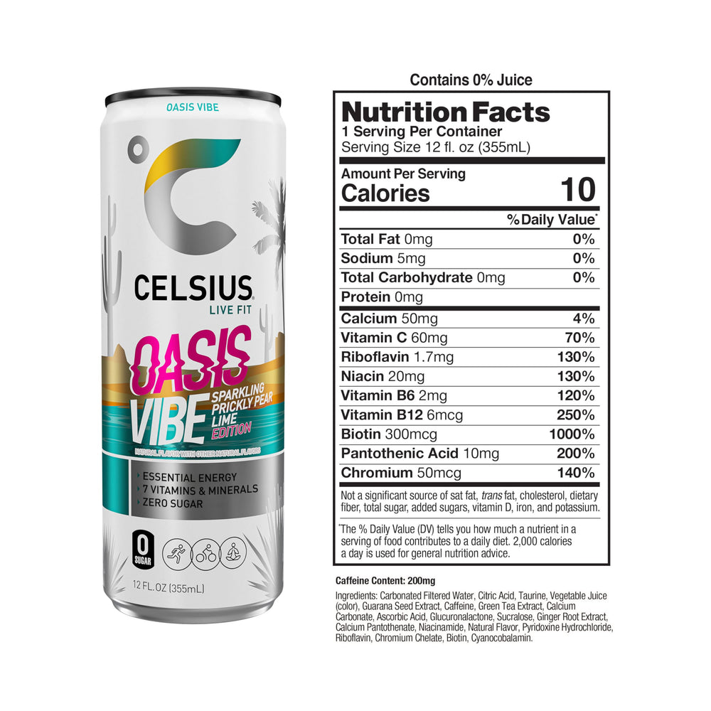 Close-up of CELSIUS Oasis Vibe bottle showing vibrant prickly pear lime flavor.
