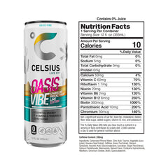 Close-up of CELSIUS Oasis Vibe bottle showing vibrant prickly pear lime flavor.