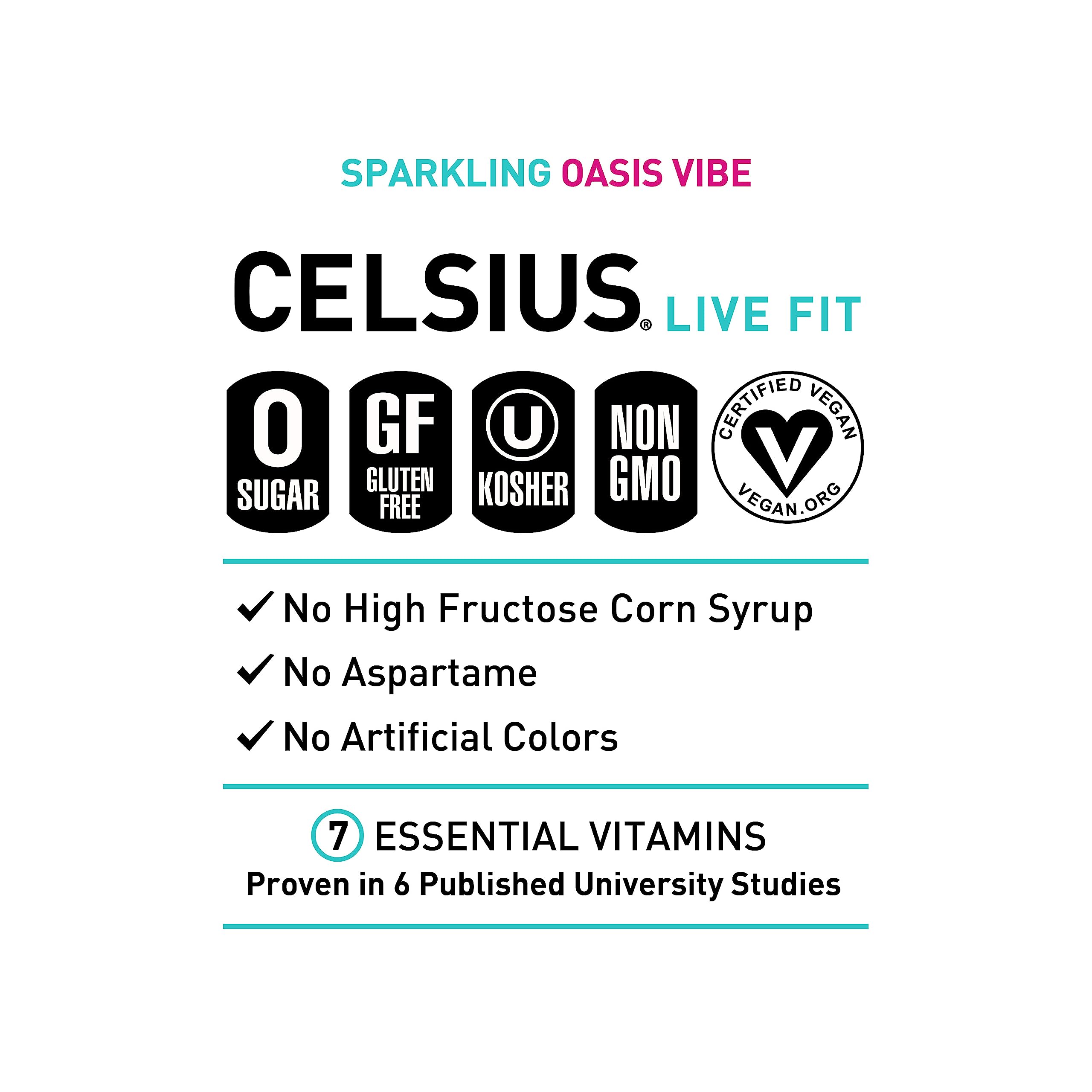 Display of a 12-pack of CELSIUS Oasis Vibe prickly pear lime on a gym shelf.