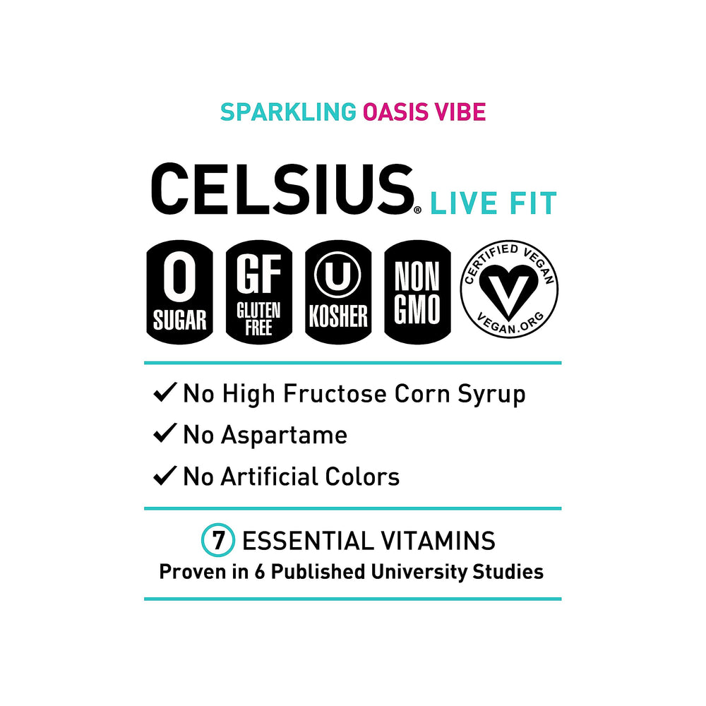 Display of a 12-pack of CELSIUS Oasis Vibe prickly pear lime on a gym shelf.