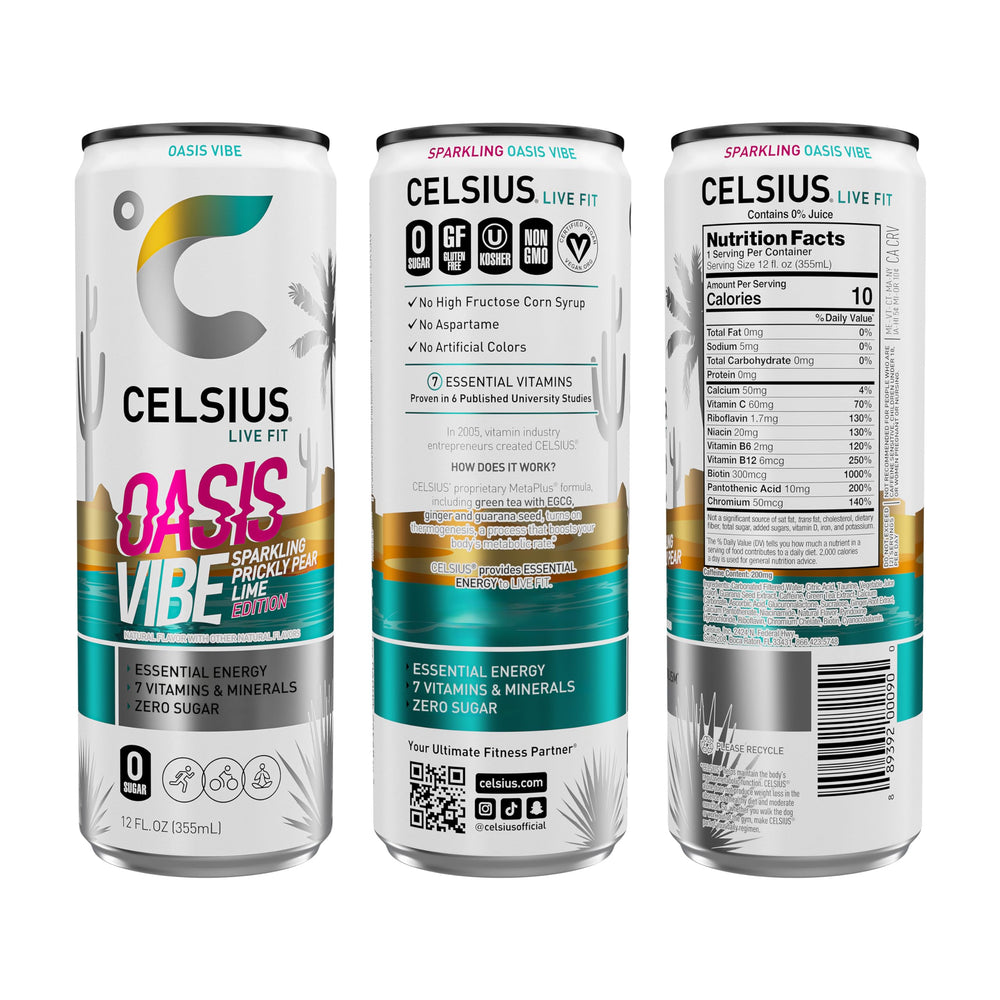 Pour shot of CELSIUS Oasis Vibe prickly pear lime in a glass.