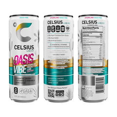 Pour shot of CELSIUS Oasis Vibe prickly pear lime in a glass.