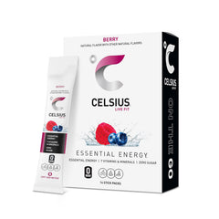 CELSIUS On-the-Go Berry powder stick packet ready to mix for an on-the-go energy boost
