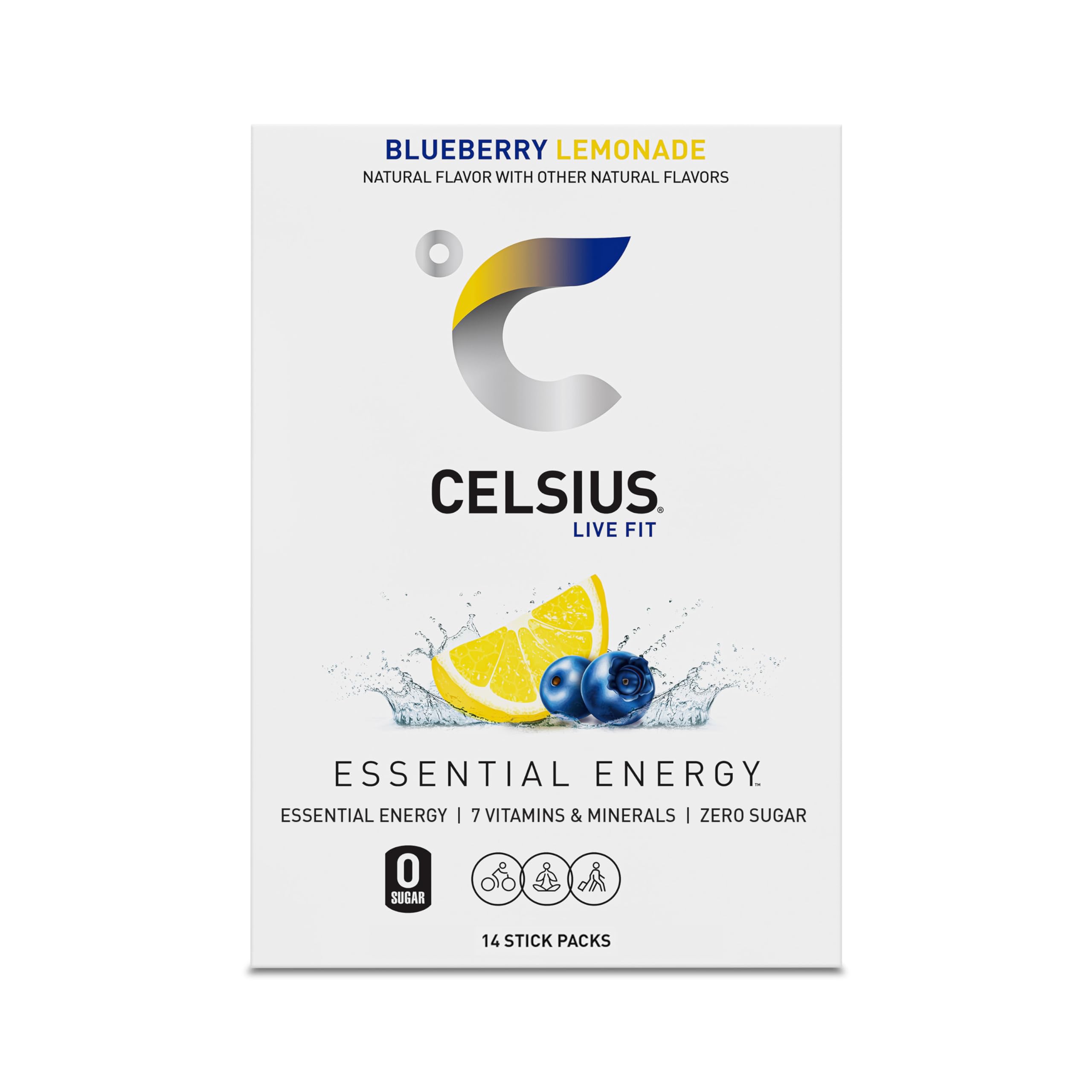 CELSIUS On-The-Go Blueberry Lemonade travel packaging for easy use on the go.