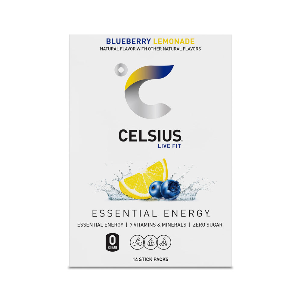 CELSIUS On-The-Go Blueberry Lemonade travel packaging for easy use on the go.
