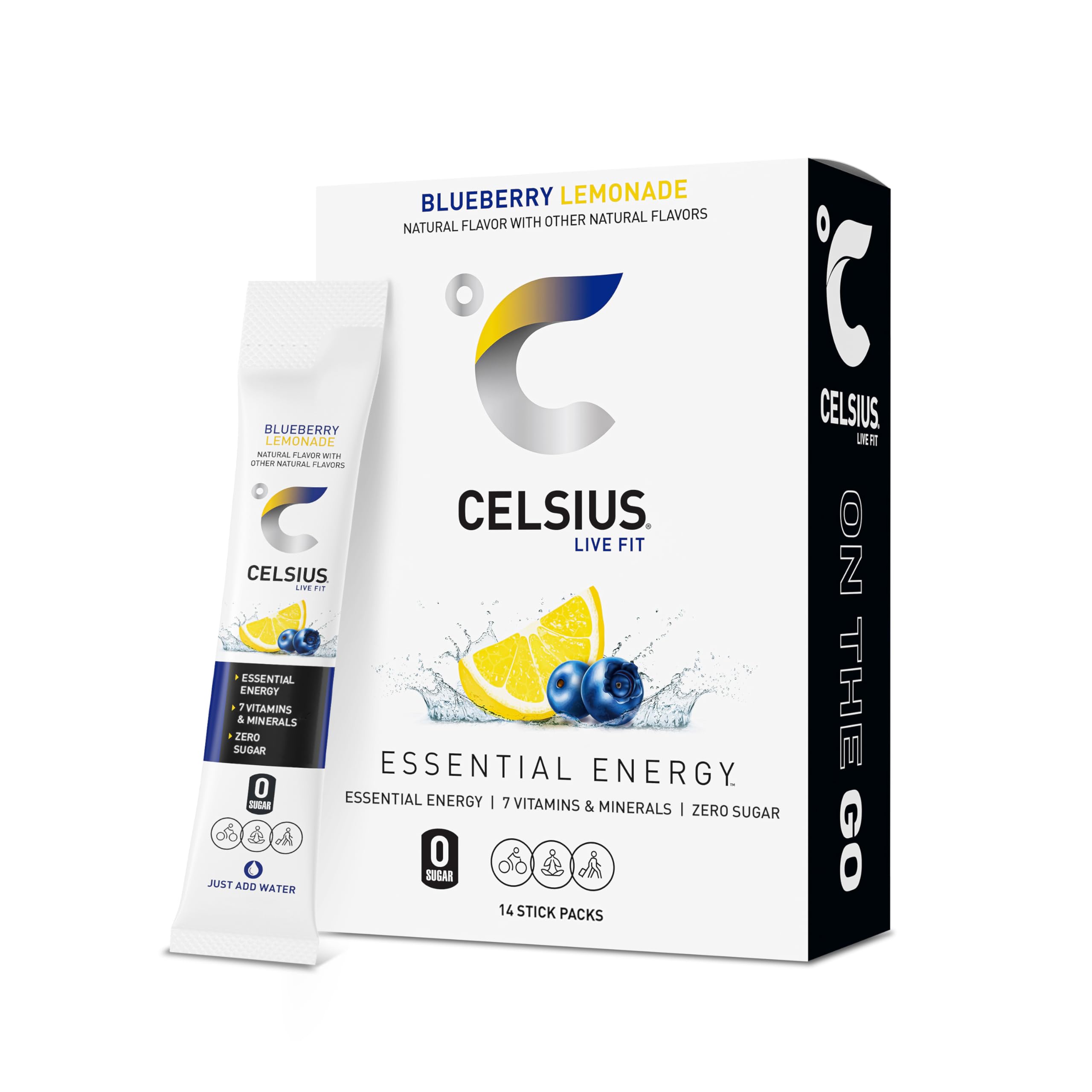 CELSIUS On-The-Go Blueberry Lemonade stick packet for convenient energy on the move.