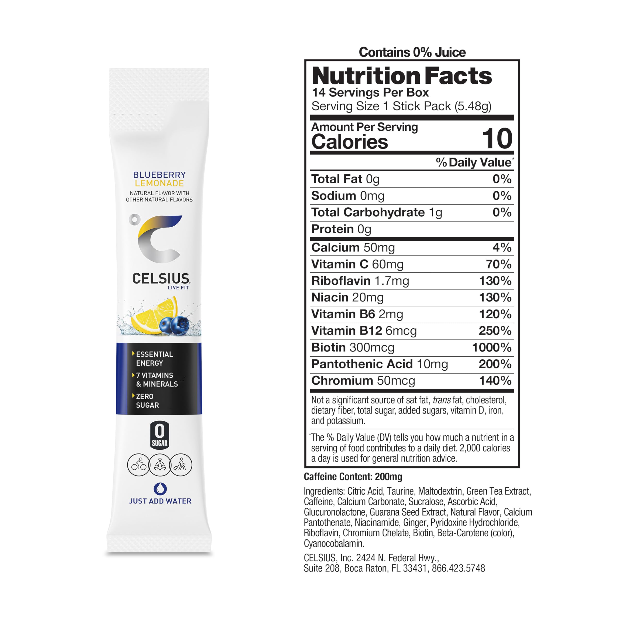 CELSIUS On-The-Go Blueberry Lemonade powder dissolving in a glass of water.