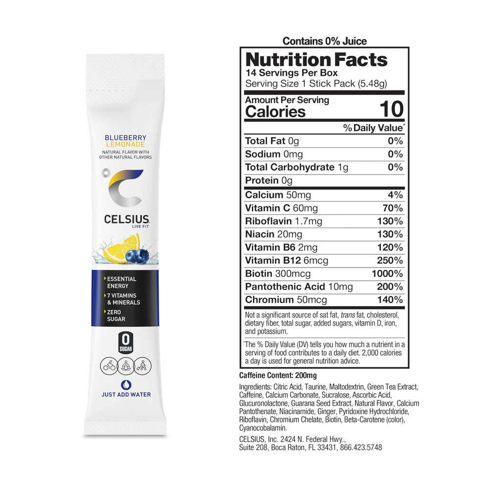 CELSIUS On-The-Go Blueberry Lemonade powder dissolving in a glass of water.