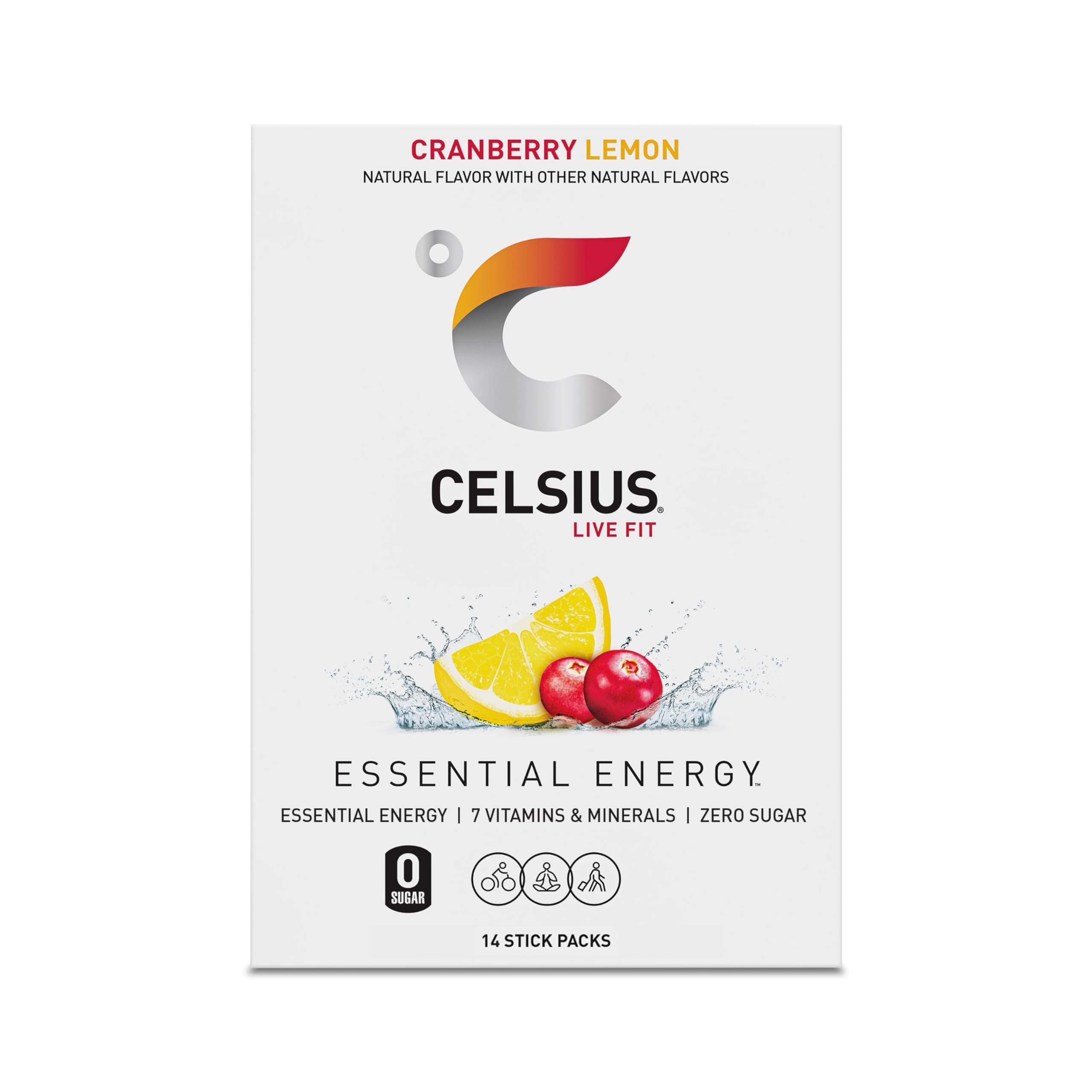 CELSIUS On-the-Go Cranberry Lemon powder close-up with vitamin-rich blend.